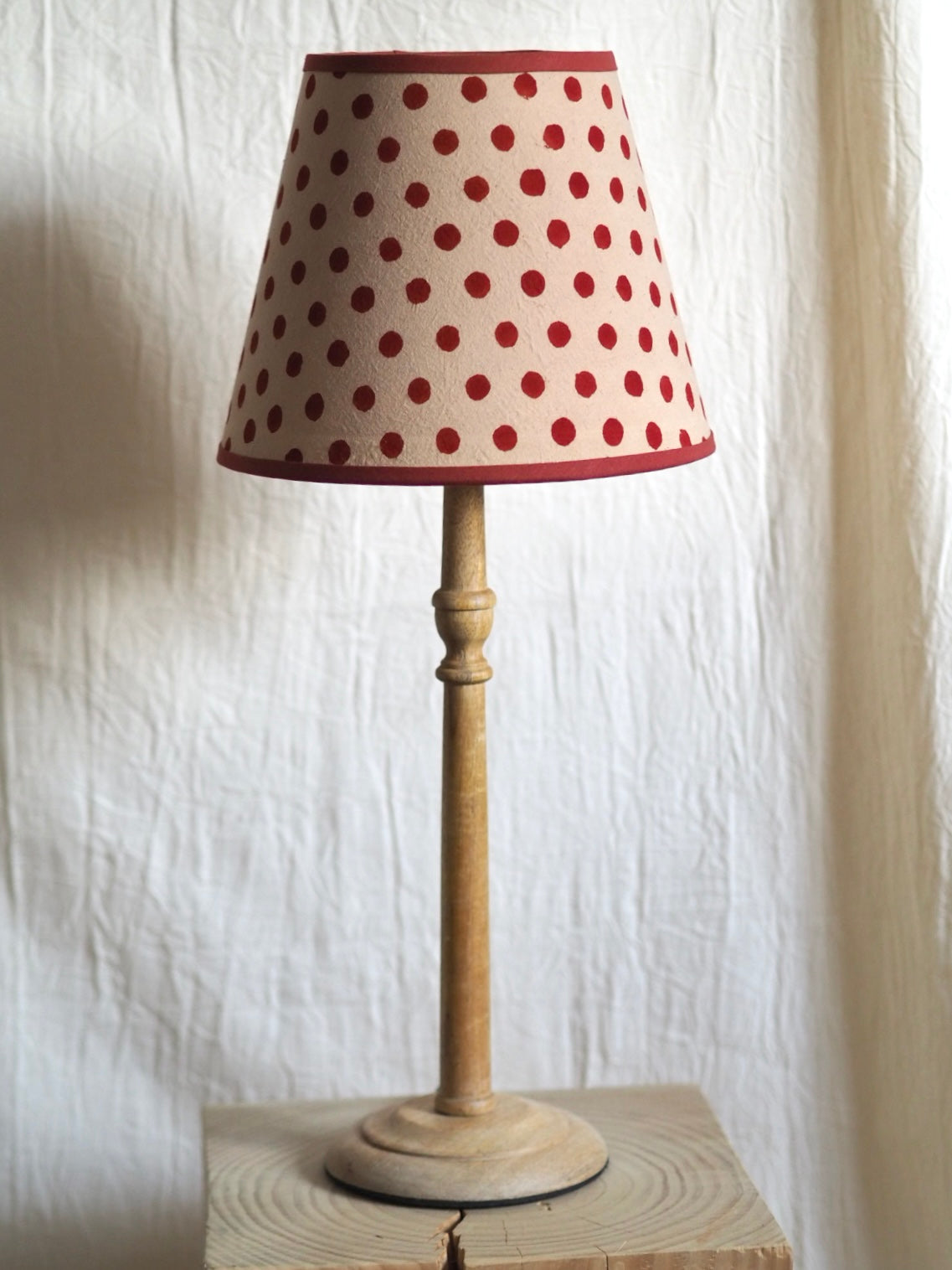 Hand crafted hard lampshade in spotty block printed fabric rust trim charlotte Boyd