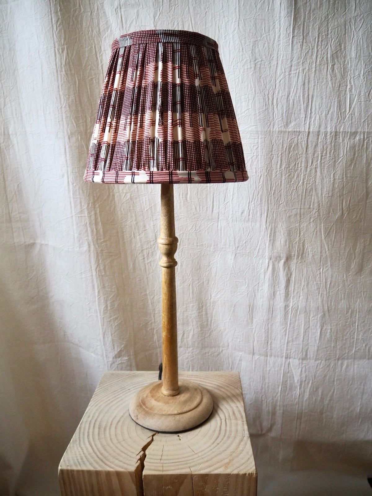 Hand crafted geometric gathered lampshade in rust and charcoal