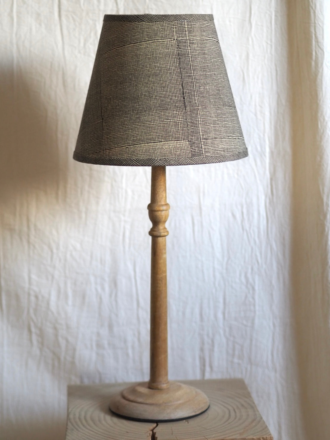 Hand crafted monochrome block printed hard lampshade Charlotte Boyd